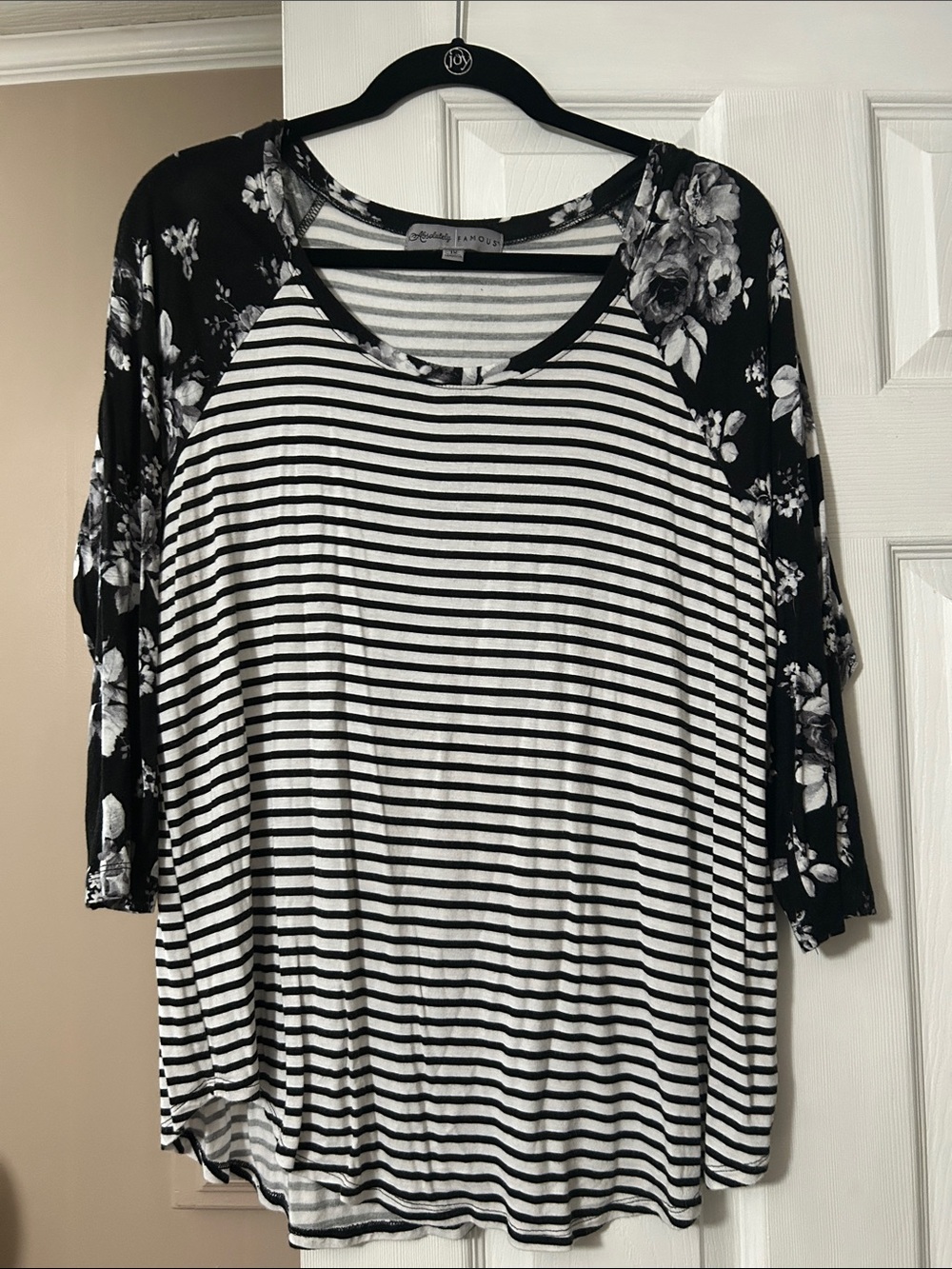 Absolutely Famous Black & White Striped Raglan Top with Floral Sleeves